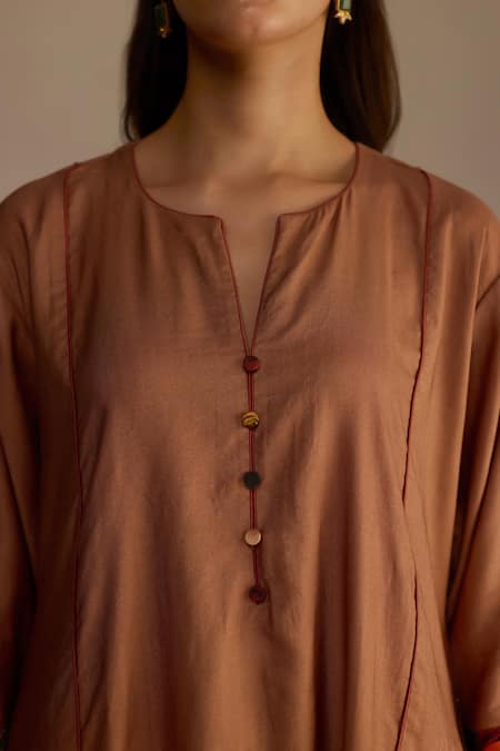 Buy_Roza_Brown Silk, Wool Open Neck Cinnamon Floral A-line Kurta Set _Online_at_Aza_Fashions