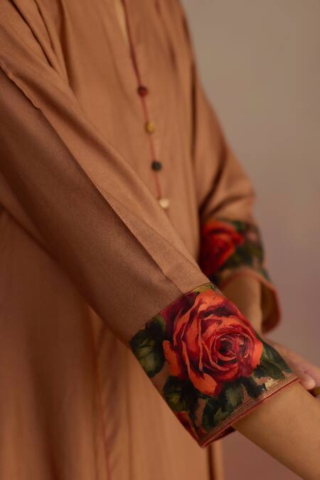 Shop_Roza_Brown Silk, Wool Open Neck Cinnamon Floral A-line Kurta Set _Online_at_Aza_Fashions
