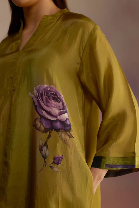 Buy_Roza_Green Silk Embroidery Bandeau Neck Floral Hand Painted Kurta Set _Online_at_Aza_Fashions