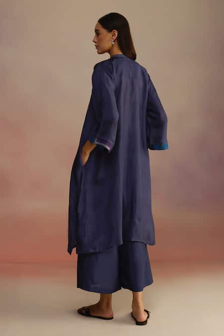 Shop_Roza_Blue Silk Bandeau Neck Navy Floral Hand Painted Kurta Set _at_Aza_Fashions