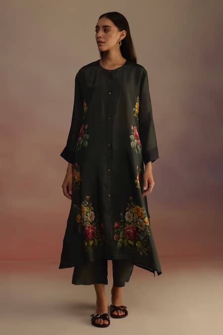 Roza_Green Habutai Silk Print Floral Round Asymmetric Kurta Set _Online_at_Aza_Fashions