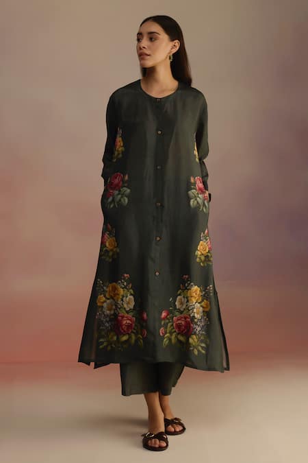 Buy_Roza_Green Habutai Silk Print Floral Round Asymmetric Kurta Set _Online_at_Aza_Fashions