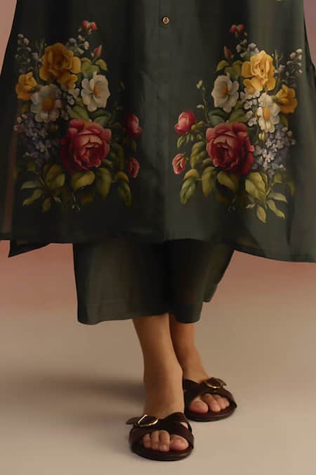 Shop Roza Green Habutai Silk Print Floral Round Asymmetric Kurta Set Online at Aza Fashions Shop_Roza_Green Habutai Silk Print Floral Round Asymmetric Kurta Set _Online_at_Aza_Fashions