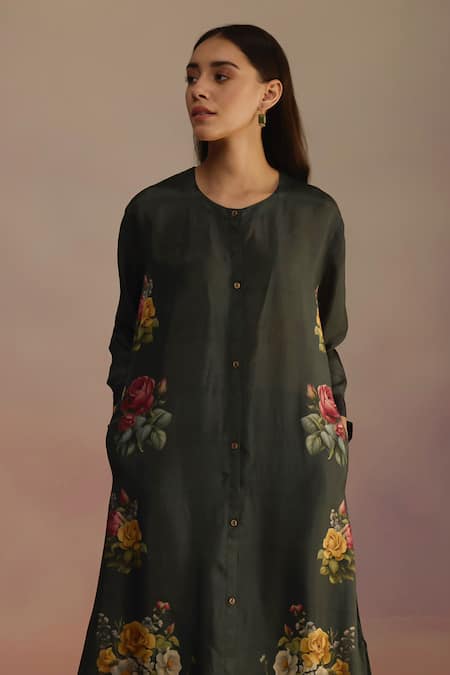 Roza Green Habutai Silk Print Floral Round Asymmetric Kurta Set at Aza Fashions Roza_Green Habutai Silk Print Floral Round Asymmetric Kurta Set _at_Aza_Fashions