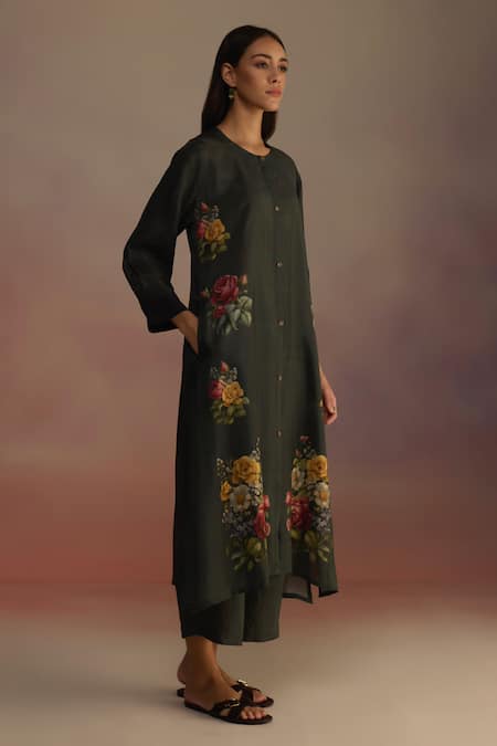 Buy_Roza_Green Habutai Silk Print Floral Round Asymmetric Kurta Set 