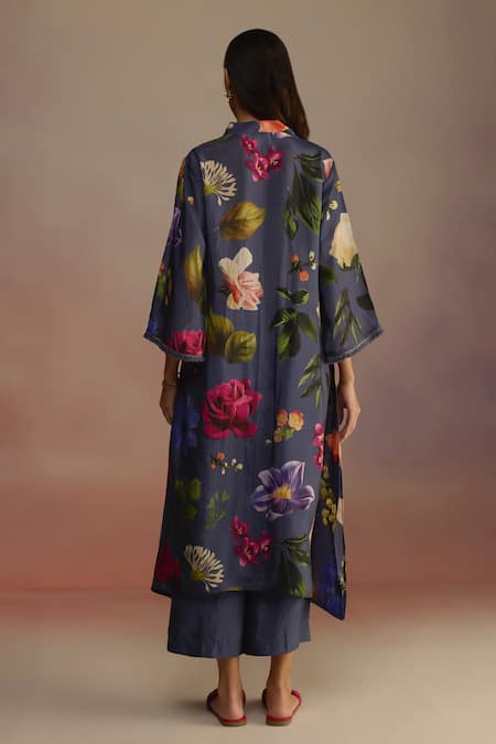 Shop_Roza_Blue Silk Fringe V-neck Floral Embroidered Kurta Set _at_Aza_Fashions