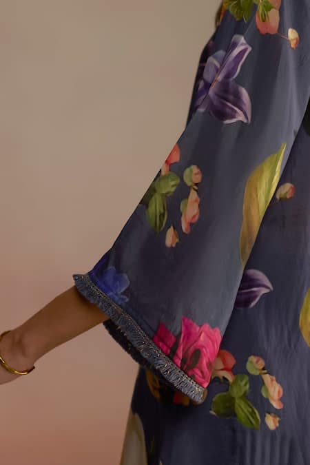 Buy_Roza_Blue Silk Fringe V-neck Floral Embroidered Kurta Set _Online_at_Aza_Fashions