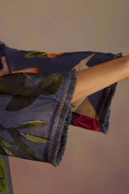 Shop_Roza_Blue Silk Fringe V-neck Floral Embroidered Kurta Set _Online_at_Aza_Fashions