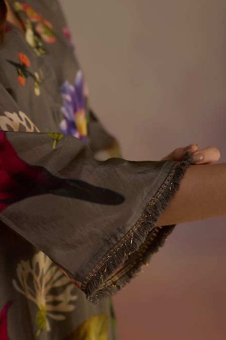 Roza_Green Silk Embroidery V-neck Floral Asymmetric Kurta Set With Pant _Online_at_Aza_Fashions