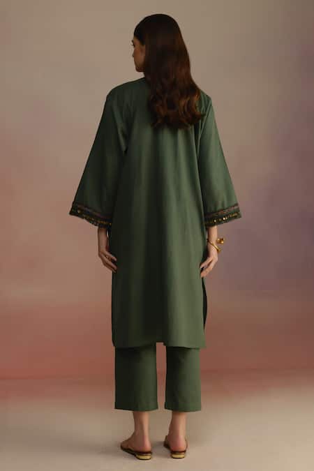 Shop_Roza_Green Linen Sequins, Tassels V-neck Asymmetric Hem Kurta Set _at_Aza_Fashions