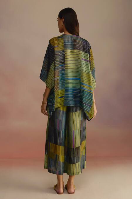 Shop_Roza_Blue Habutai Silk Stripe V-neck Patterned Kaftan Top And Pant Set _at_Aza_Fashions