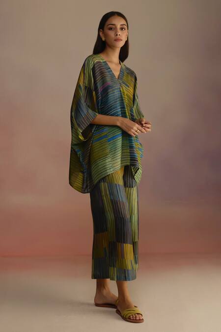 Roza_Blue Habutai Silk Stripe V-neck Patterned Kaftan Top And Pant Set _Online_at_Aza_Fashions
