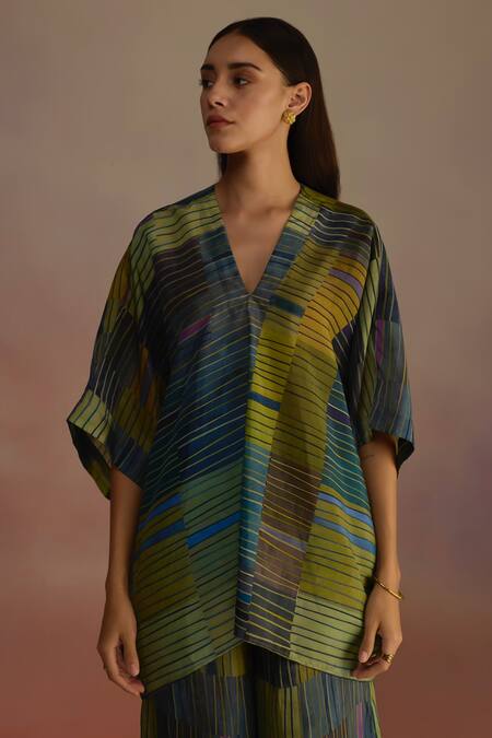 Buy_Roza_Blue Habutai Silk Stripe V-neck Patterned Kaftan Top And Pant Set _Online_at_Aza_Fashions