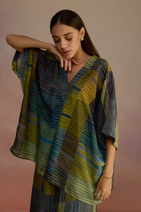 Shop_Roza_Blue Habutai Silk Stripe V-neck Patterned Kaftan Top And Pant Set _Online_at_Aza_Fashions