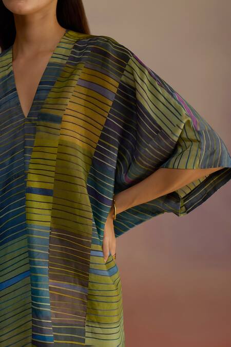 Roza_Blue Habutai Silk Stripe V-neck Patterned Kaftan Top And Pant Set _at_Aza_Fashions