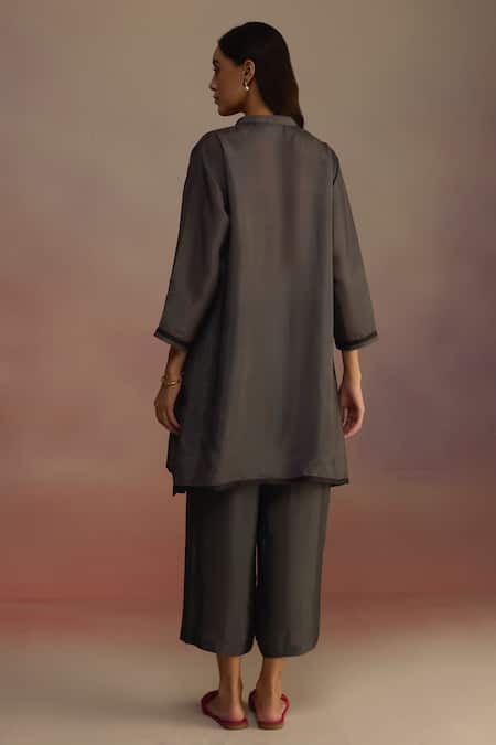 Shop_Roza_Gray Silk Embroidery Mandarin Collar Hand-drawn Floral Kurta Set _at_Aza_Fashions