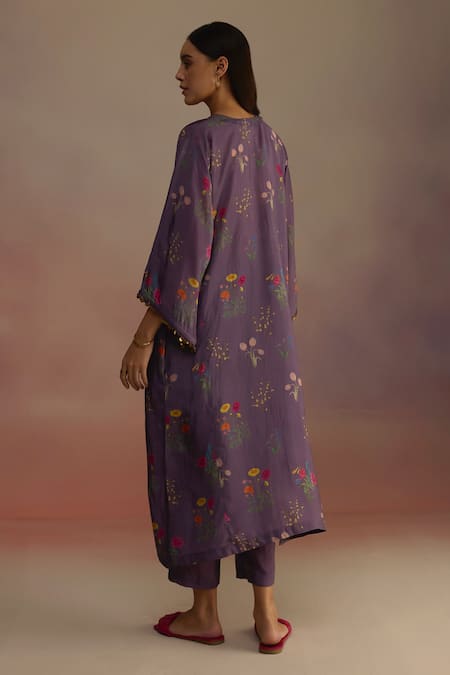 Shop_Roza_Purple Silk Sequins V-neck Watercolour Floral Phiran Kurta Set _at_Aza_Fashions