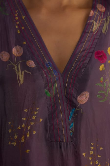 Shop_Roza_Purple Silk Sequins V-neck Watercolour Floral Phiran Kurta Set _Online_at_Aza_Fashions