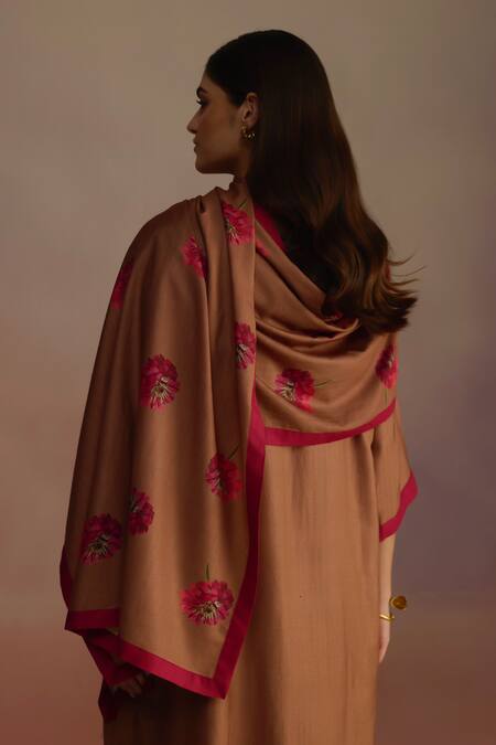 Roza_Brown Hand-drawn Floral Stole_Online_at_Aza_Fashions