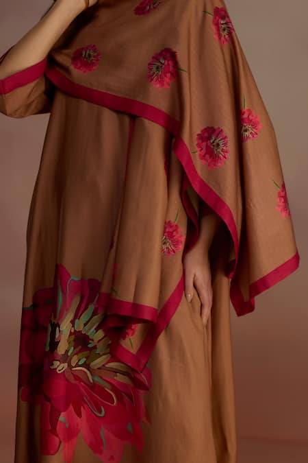 Buy_Roza_Brown Hand-drawn Floral Stole_Online_at_Aza_Fashions