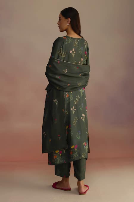 Shop_Roza_Green Hand Drawn Floral Motif Stole _at_Aza_Fashions