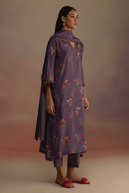Shop_Roza_Purple Hand Drawn Floral Stole _at_Aza_Fashions