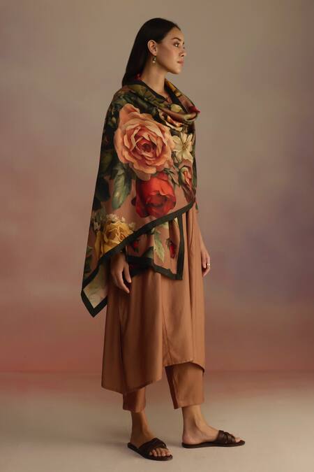 Roza_Brown Floral Hand Painted Silk Wool Stole_Online_at_Aza_Fashions