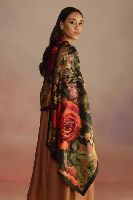 Buy_Roza_Brown Floral Hand Painted Silk Wool Stole_Online_at_Aza_Fashions