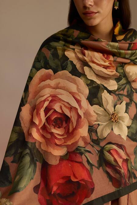 Shop_Roza_Brown Floral Hand Painted Silk Wool Stole_Online_at_Aza_Fashions