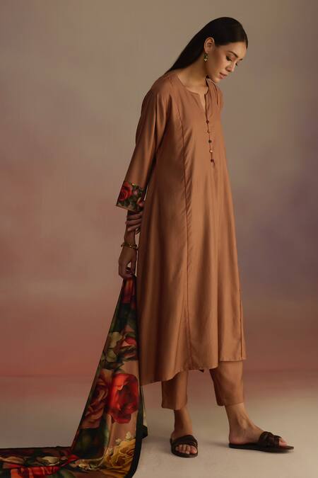 Roza_Brown Floral Hand Painted Silk Wool Stole_at_Aza_Fashions
