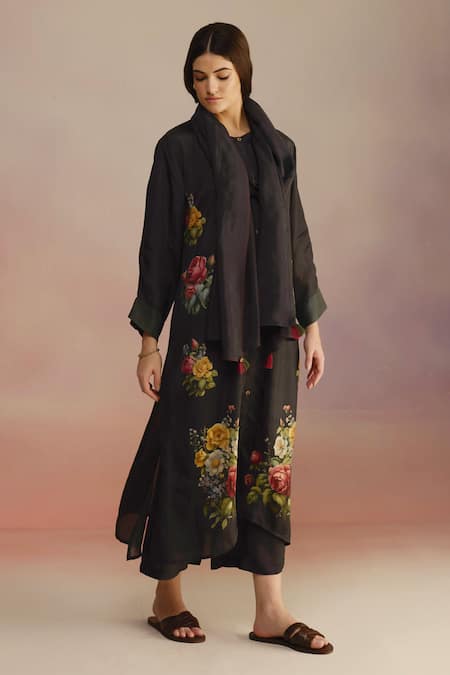 Shop_Roza_Black Floral Hand Painted Stole _at_Aza_Fashions