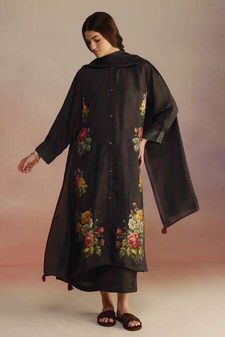 Roza_Black Floral Hand Painted Stole _Online_at_Aza_Fashions