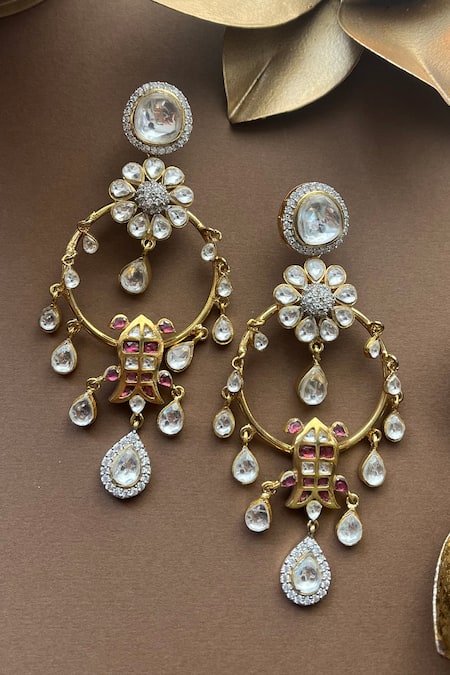Shop Vasundhara Gold Plated Crystals, Diamonds, Stones Floral Kundan Chandbali Earrings at Aza Fashions Shop_Vasundhara_Gold Plated Crystals, Diamonds, Stones Floral Kundan Chandbali Earrings _at_Aza_Fashions