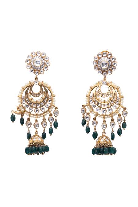 Vasundhara_Gold Plated Crystals, Pearls Kundan And Faux Chandbali Jhumkas_Online_at_Aza_Fashions
