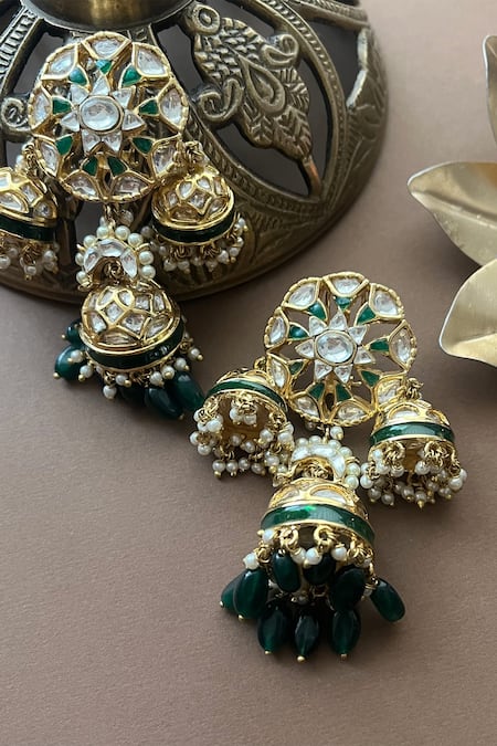 Shop_Vasundhara_Gold Plated Rhinestones Rhodium Kundan Jhumkas _at_Aza_Fashions