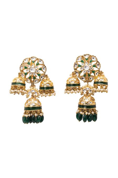 Vasundhara_Gold Plated Rhinestones Rhodium Kundan Jhumkas _Online_at_Aza_Fashions
