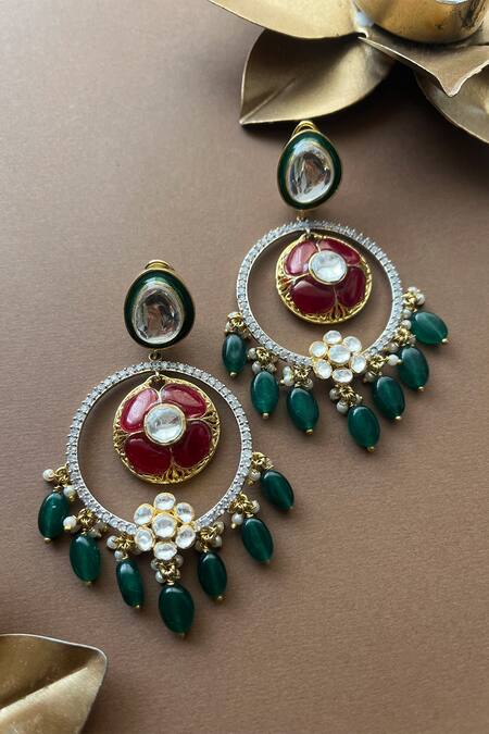 Shop Vasundhara Gold Plated Fabric Flowers, Beads Floral Motif Kundan Drop Earrings at Aza Fashions Shop_Vasundhara_Gold Plated Fabric Flowers, Beads Floral Motif Kundan Drop Earrings _at_Aza_Fashions