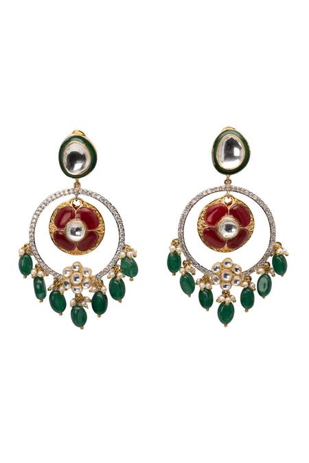 Vasundhara Gold Plated Fabric Flowers, Beads Floral Motif Kundan Drop Earrings Online at Aza Fashions Vasundhara_Gold Plated Fabric Flowers, Beads Floral Motif Kundan Drop Earrings _Online_at_Aza_Fashions