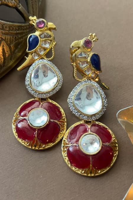 Shop_Vasundhara_Gold Plated Stones Rhodium Kundan Danglers _at_Aza_Fashions
