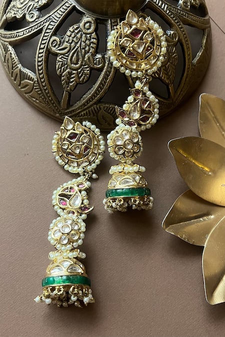 Shop Vasundhara Gold Plated Pearls Kundan And Designer Earrings at Aza Fashions Shop_Vasundhara_Gold Plated Pearls Kundan And Designer Earrings _at_Aza_Fashions