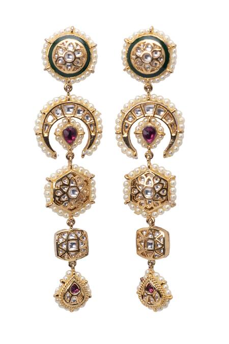 Vasundhara Gold Plated Pearls Crescent Floral Kundan Earrings Online at Aza Fashions Vasundhara_Gold Plated Pearls Crescent Floral Kundan Earrings _Online_at_Aza_Fashions
