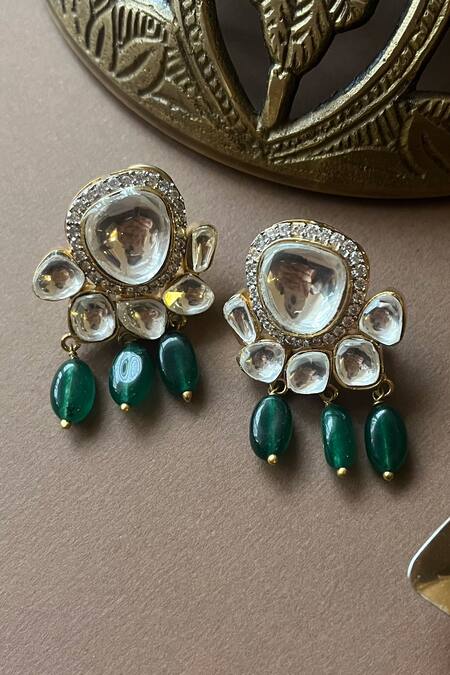 Shop Vasundhara Gold Plated Beads, Diamonds Kundan And Drop Earrings at Aza Fashions Shop_Vasundhara_Gold Plated Beads, Diamonds Kundan And Drop Earrings_at_Aza_Fashions