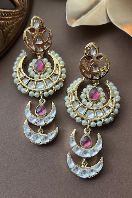 Shop Vasundhara Gold Plated Pearls, Crystals, Stones Kundan And Layered Chandbalis at Aza Fashions Shop_Vasundhara_Gold Plated Pearls, Crystals, Stones Kundan And Layered Chandbalis _at_Aza_Fashions