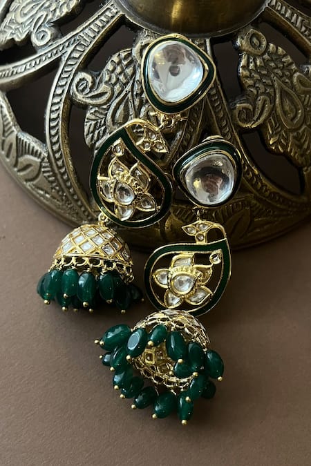 Shop Vasundhara Gold Plated Beads Kundan Embellished Jhumkas at Aza Fashions Shop_Vasundhara_Gold Plated Beads Kundan Embellished Jhumkas_at_Aza_Fashions