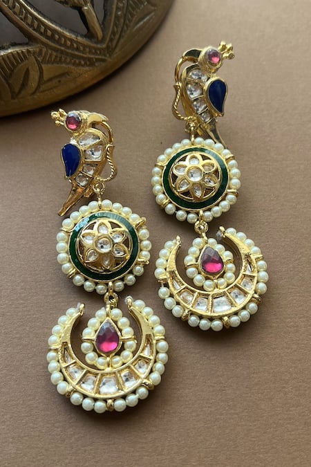 Shop Vasundhara Gold Plated Crystals Kundan Bird And Floral Chandbali Earrings at Aza Fashions Shop_Vasundhara_Gold Plated Crystals Kundan Bird And Floral Chandbali Earrings _at_Aza_Fashions