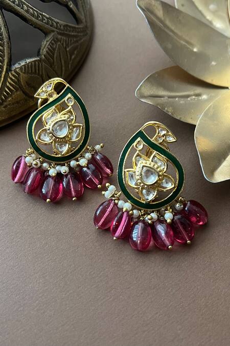 Shop_Vasundhara_Gold Plated Artificial Kundan Rhodium Paisley Stud Earrings _at_Aza_Fashions