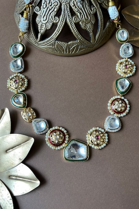 Shop Vasundhara Gold Plated Geometric Cutwork Necklace at Aza Fashions Shop_Vasundhara_Gold Plated Geometric Cutwork Necklace _at_Aza_Fashions