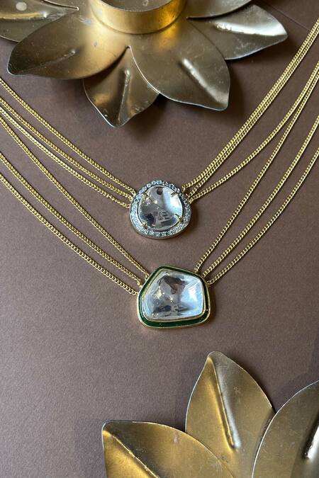 Shop Vasundhara Gold Plated Geometric Pendant Necklace With Cz And Kundan at Aza Fashions Shop_Vasundhara_Gold Plated Geometric Pendant Necklace With Cz And Kundan _at_Aza_Fashions