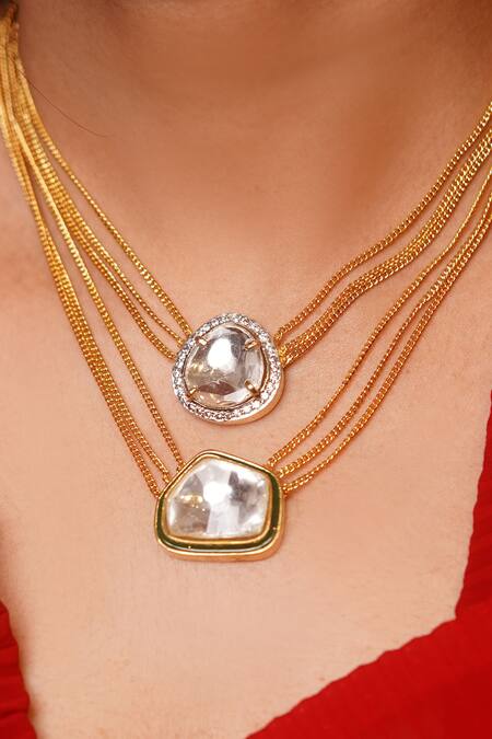 Vasundhara Gold Plated Geometric Pendant Necklace With Cz And Kundan Online at Aza Fashions Vasundhara_Gold Plated Geometric Pendant Necklace With Cz And Kundan _Online_at_Aza_Fashions