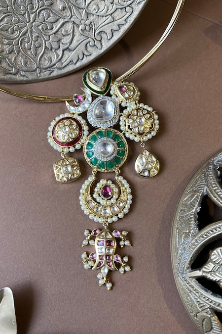 Shop Vasundhara Gold Plated Rhodium Floret Pendant Necklace at Aza Fashions Shop_Vasundhara_Gold Plated Rhodium Floret Pendant Necklace _at_Aza_Fashions